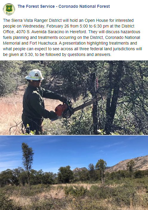 CCFirenIncident's tweet photo. #CNF:#SVRD will hold an Open House for interested people on Wednesday, February 26 from 5:00 to 6:30 pm at the District Office, 4070 S. Avenida Saracino in Hereford. They will discuss hazardous fuels planning and treatments occurring on the District,  ...  https://t.co/pSsFULgSpn https://t.co/saeR57hege
