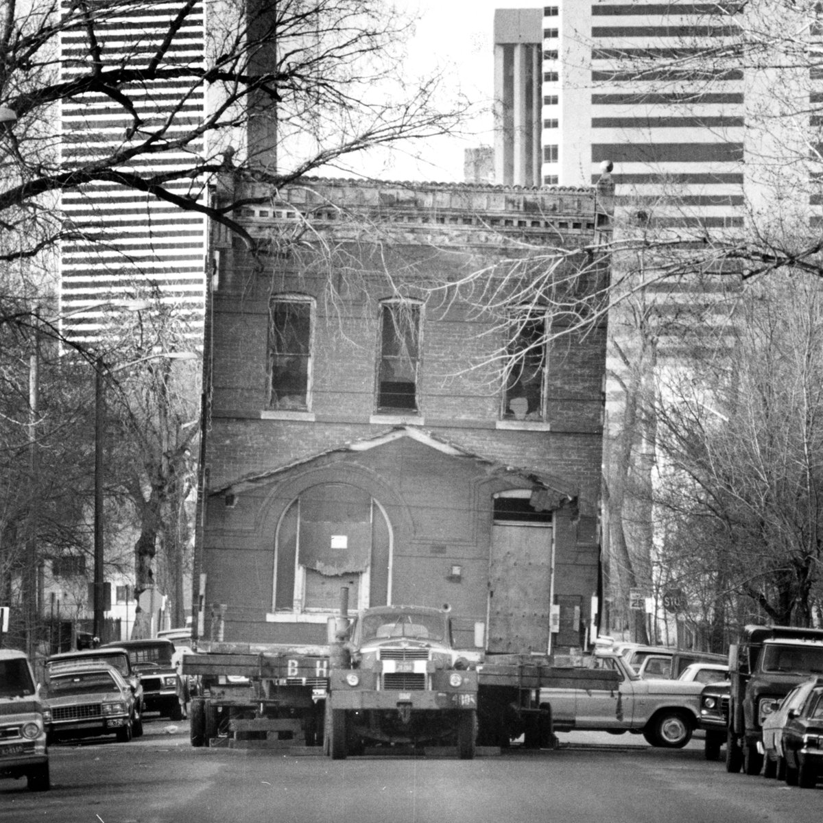 Image of Justina Ford's home being transported to a new location.