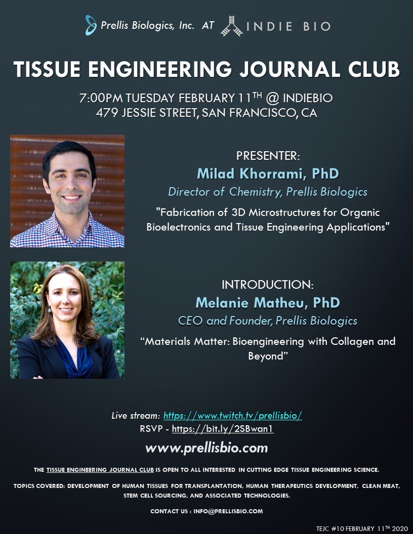 milad_khorrami's tweet photo. Join the Tissue Engineering Journal Club #TEJC to learn about fabrication of 3D microstructures for bioelectronics and tissue engineering. It’s next Tuesday (7:30PM) @indbio San Francisco. Thank you Dr. @melanie_matheu (CEO of @Prellisbis) for organizing and @indbio for hosting. https://t.co/uuCjDlRhZ1