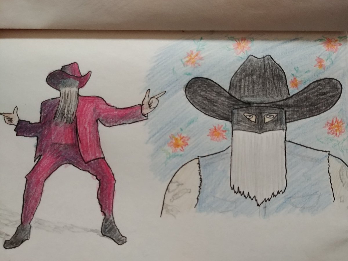 Drawing of a masked cowboy in a magenta suit posing and doing finger guns, and the same cowboy wearing a black hat and fringed mask in a denim vest on a blue and red floral background