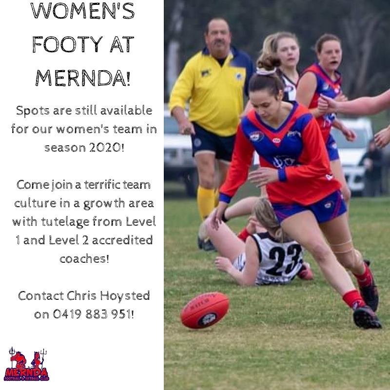 MerndaFC's tweet photo. Spots are still available for our women's team in season 2020! 

We train on Monday and Wednesday nights in a terrific team environment!

If this is an opportunity for you, please contact Chris using the number below! https://t.co/pdfdULnRcK