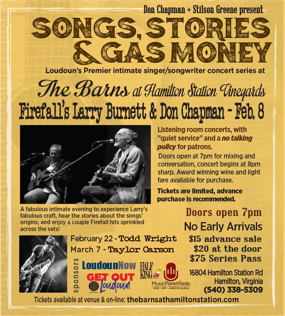 StilsonGreene's tweet photo. This. Saturday 2-8. @DCMohegan @LoudounNow @GetOutLoudoun @cerphe @thebarnsathsv #halfking #Firefall #Chapmanguitar https://t.co/5NB3u5OyFg