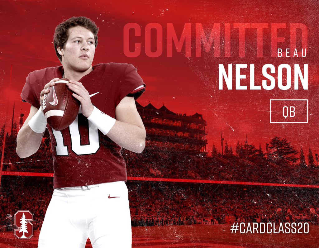 BeauNelsonQB's tweet photo. Beyond excited to announce that I am committed to play football at Stanford University! Thank you to everyone who has helped and supported me along the way! @maeubanks @tavitap @CoachL_Anderson @CoachDavidShaw @BKKnightsFB 🌲🌲🌲                         #CardClass20
#FearTheTree https://t.co/8PaaeeE0DN