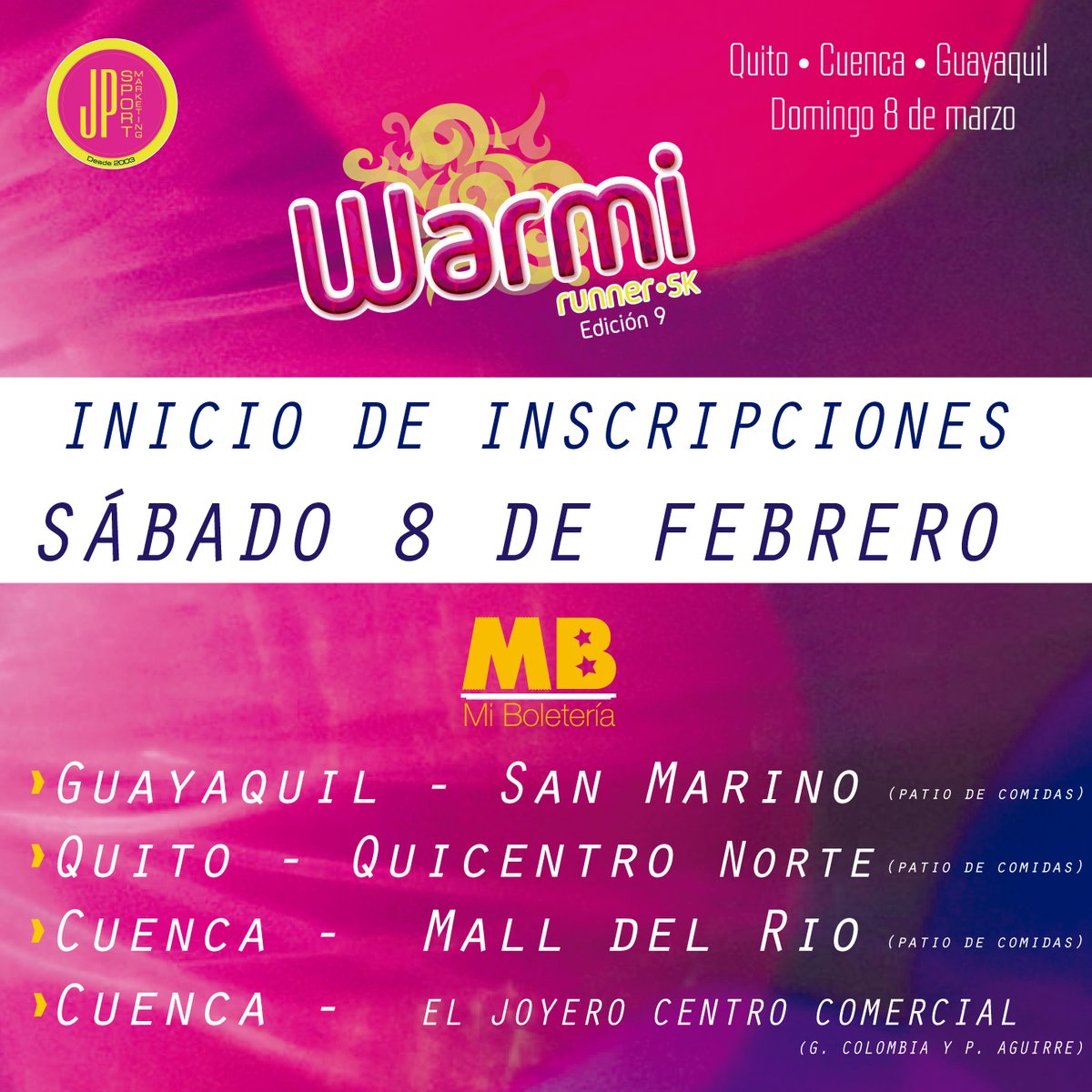 Pasa la voz📣Lo que todas esperaban! Inicio de inscripciones #WR5K sábado 8 de febrero @QuicentroShoppi  <a href="/Sanmarinogye/">San Marino Shopping</a>  <a href="/MALLDELRIO/">MALL DEL RIO</a>  Centro Comercial "El Joyero".  En horario de atención de cada centro comercial #WarmiRunner5k #YoSoyWarmiYCorroPorqueSoyInvencible 👌🦸‍♀️💃❤️