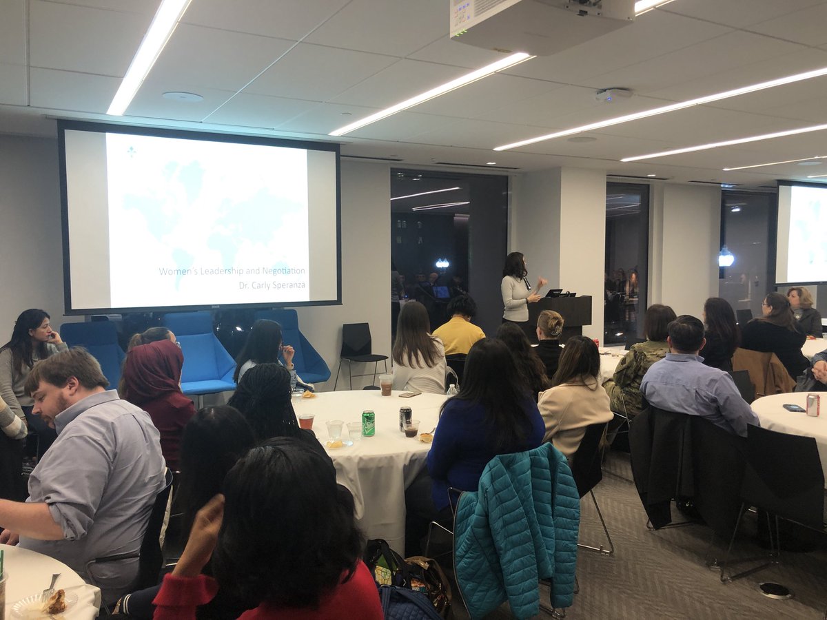A full house of more than 80 students, alumni and community members. Tonight “Women’s Leadership and Negotiation.” A great panel of proven leaders led by our own Professor Carly Speranza.