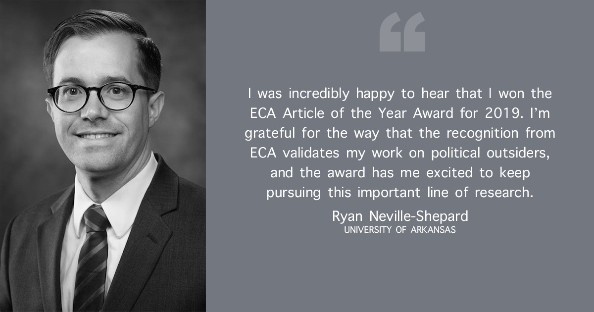 ECACOMM's tweet photo. Ryan Neville-Shepard (@ryannevshep, University of Arkansas) received the #ECA19 Article of the Year Award for “Containment Rhetoric and the Redefinition of Third Parties in the Equal Time Debates of 1959." Award submissions for #ECA2020: https://t.co/hYv1Aglhbu https://t.co/EX13vjDsCt