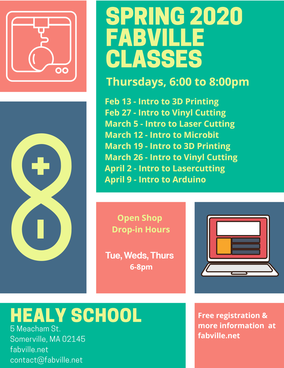 FabvilleFabLab's tweet photo. Hi! We're back in a new space in 2020 with new classes lined up every Thursday 6-8pm! Visit https://t.co/NStLhTl2Lm to see the full schedule, register at https://t.co/jch4ZxfxPn. OPEN SHOP every Tues, Weds &amp; Thurs 6-8pm. All classes and open shop times are FREE! @partsandcrafts https://t.co/tMDf4zf2MK