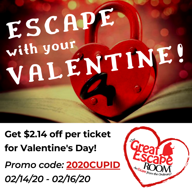TGERDC's tweet photo. Want a sweet deal for Valentine's Day?  Get $2.14 off per ticket at The Great Escape Room! 💘💘💘 

Use promo code 2020CUPID, then book tickets for Valentine's Day weekend, 2/14 - 2/16.

Click here to book yours today:
https://t.co/EWCFs0GAZ2 https://t.co/q5dn07BCSe