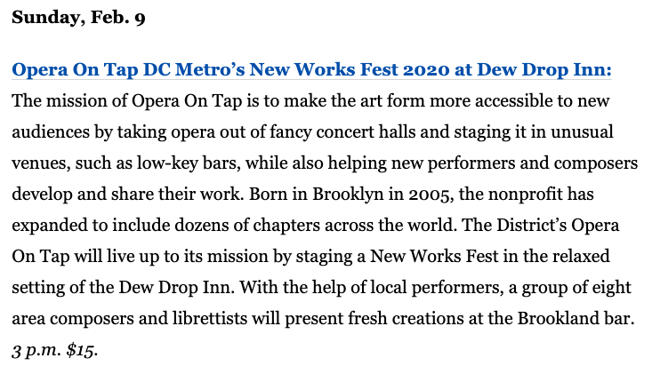 williamkenlon's tweet photo. I'm in the @washingtonpost (kind of)! Not by name, but I'm 12.5% of the "group of eight area composers and librettists" that also includes @moberhau and @Kazinator, among others. Can't wait to hear what else the @OperaOnTapDC folks have in store for us. https://t.co/0FqFS9W85I https://t.co/fA58wU35X4