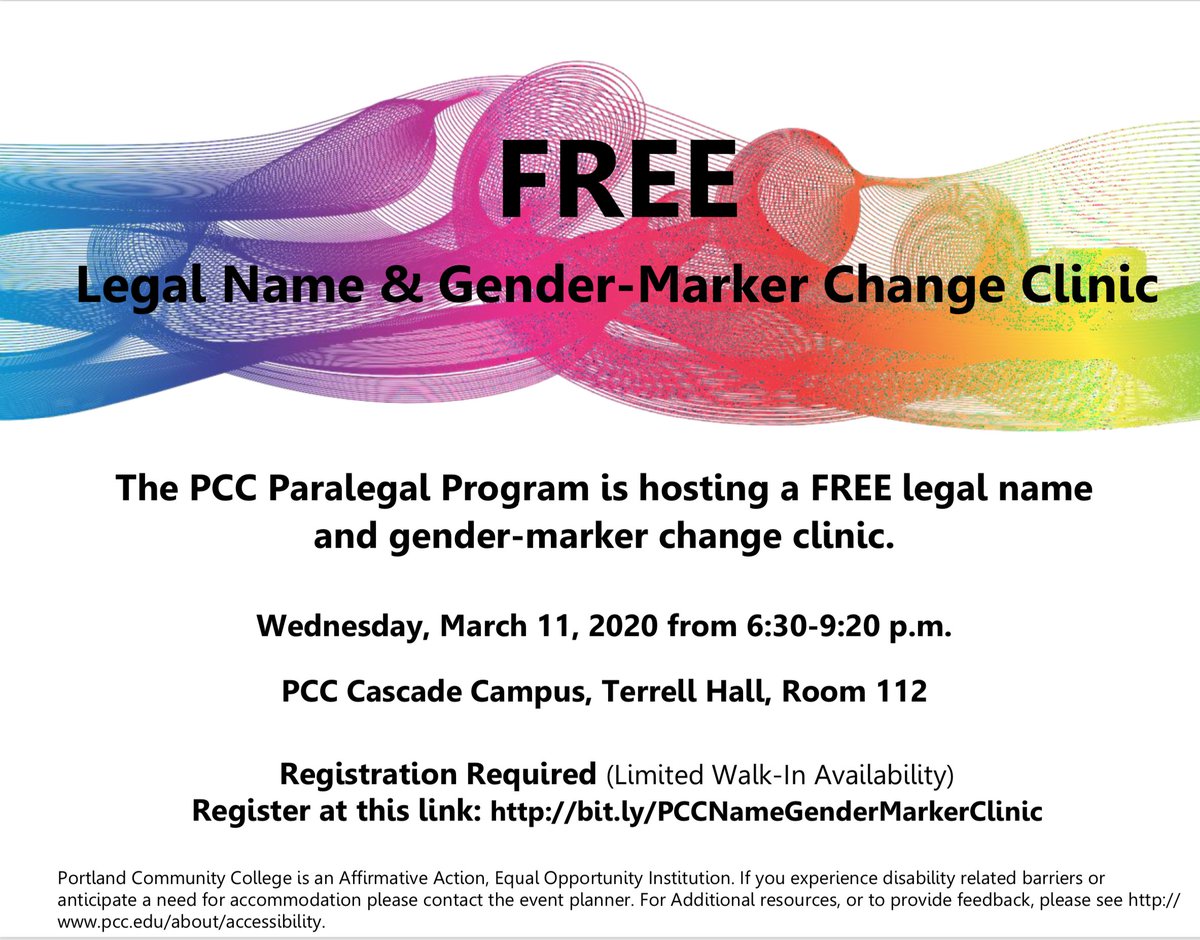 ASPCC_Cascade's tweet image. The PCC Paralegal Program is hosting a free legal name and gender-marker change clinic.
Pre-registration is required for forms assistance, with limited possibility of walk-in legal assistance.
Click here to register:docs.google.com/forms/d/1IKcZS…