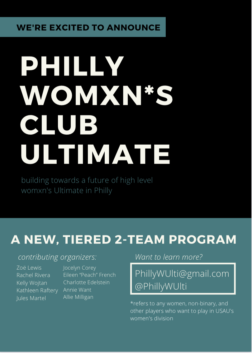ALERT: EXCITING NEWS!! For the 2020 season, Broad City is becoming part of a NEW Women’s Ultimate Program in Philly in partnership with other local prominent womens players. There are still MANY things in the works, but there will be two teams in the program, A/B style.