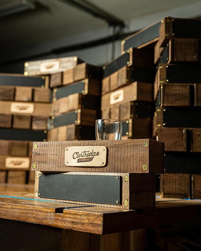 The video is live! If you wanna see how I made these HUNDRED beer flight boxes for @cartridgebrewing check the link in my bio. They were a ton of fun and I love all the features. Walnut, once fires 9mm brass dowels, chalkboards, leather badges, brass tac… ift.tt/2tx6VJM