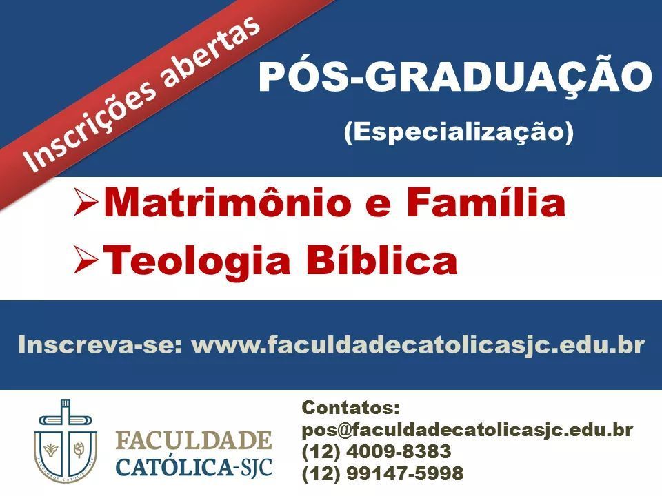 Últimos dias para matrícula!!! A Faculdade Católica-SJC está de portas abertas para você. Direcione a fé e a razão para o seu crescimento pessoal. Estude na Católica-SJC!
Entre em contato e faça sua inscrição 
Informações: (12) 4009-8383 | (12) 99147-5998 
faculdadecatolicasjc.edu.br