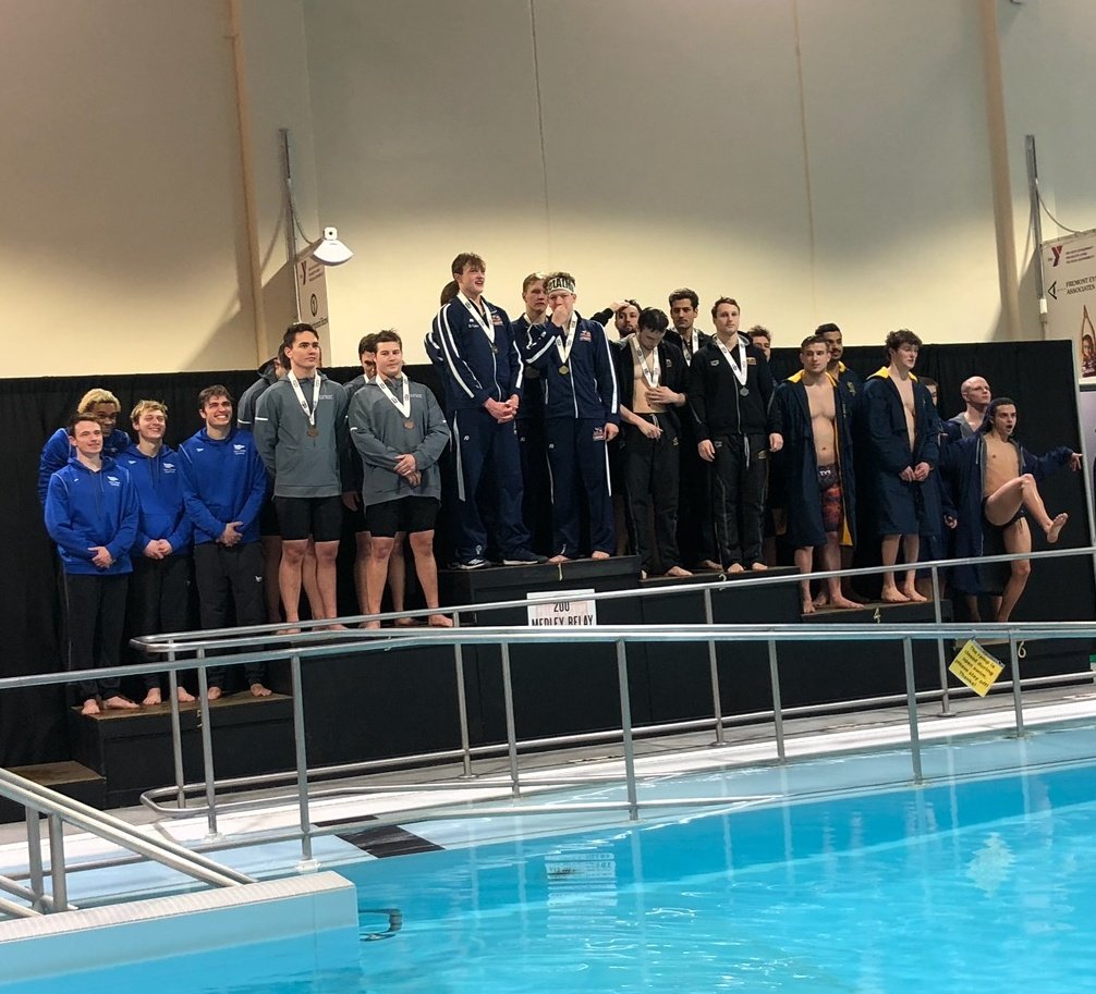 The Tabor men get things started with a 5th place finish in the 200 yard medley relay @ KCAC Championship. Well done lads. #KCACswim