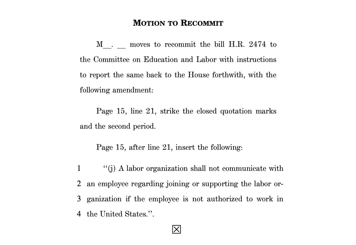 Screenshot of the House Republicans' Motion to Recommit on the PRO Act. This is their final attempt to derail passage of the legislation before a final vote on the bill.