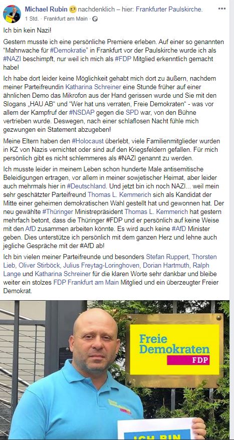 Vielerorts in #Deutschland haben vor allem Linke gegen die #FDP und die Wahl #Kemmerich’s in #Thueringen demonstriert. 

In #Frankfurt wurde ein jüdischer FDP-Politiker als Nazi beschimpft; auf Facebook wurde die Hetze ausgeweitet. 

Auch linker #Antisemitismus bleibt gefährlich!