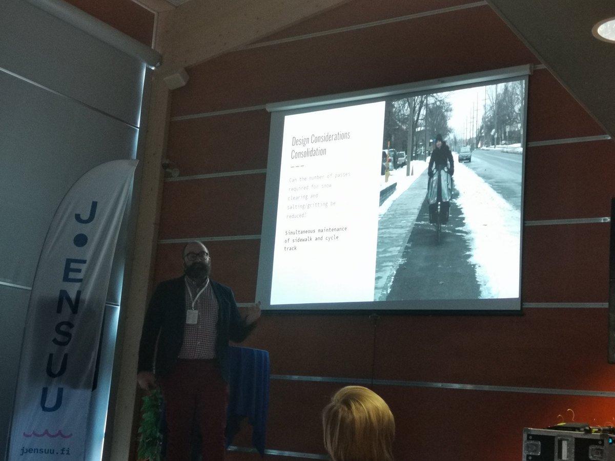 ElinaLamsa's tweet photo. Canadian @CyclistBartek told us that in winter you should have enough snow place that the maintenance works and you cannot forget the melting snow eather. The most fascinating detail was the icebreaker machine which doesnt break the asphalt. #wcc2020Joensuu #wintercyclingcongress https://t.co/DuijNYdZLF