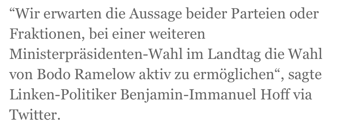 Was Die #Linke jetzt in #Thueringen tut ist Erpressung! Skandalös, dass dabei auch noch die #SPD und die #Gruenen helfen. 

Dieses Verhalten schadet unserer #Demokratie genauso, wie das Taktieren der #AfD-Fraktion unter #Hoecke.

#Kemmerich #KemmerichRuecktritt #Ramelow