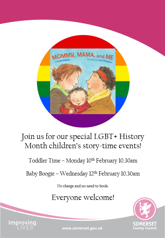 SomersetLib's tweet photo. At #CrewkerneLibrary we are celebrating every type of family at our childrenโs events next week.
Join us on Mon 10 Feb, 10.30am for toddler time and Wed 12 Feb, 10.30am for baby boogie. ๐
Everyone welcome! @LGBTHM #LGBTHM20 https://t.co/gn54a2kv35
