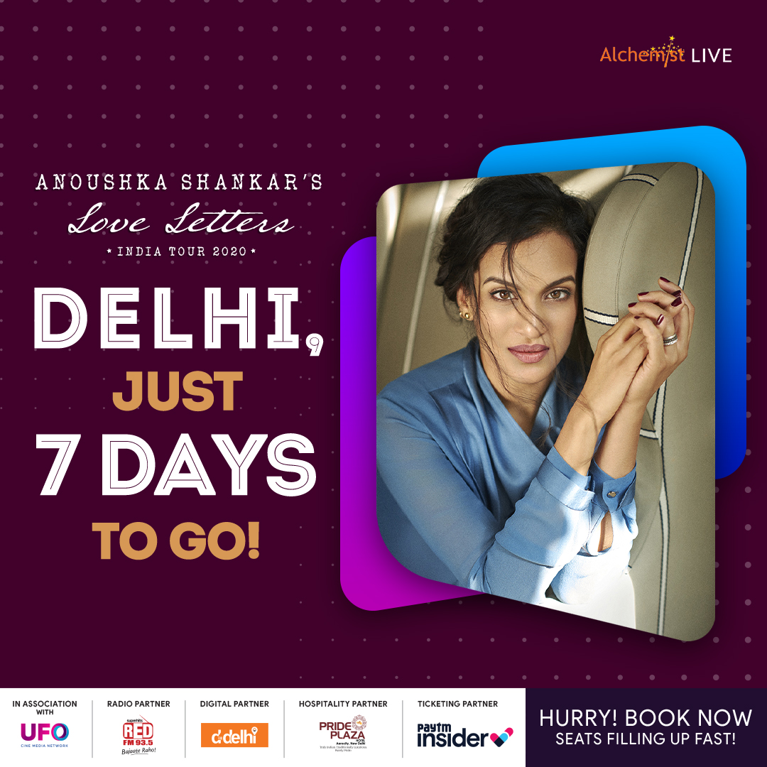 LiveAlchemist's tweet photo. Get ready Delhi, only a week left for @ShankarAnoushka’s world premiere of ‘Love Letters’!
Hurry, Book Now - https://t.co/ItcCiVlLw4
#AnoushkaShankar #LoveLetters #IndiaTour2020 #AlchemistLIVE https://t.co/norHbcq82O