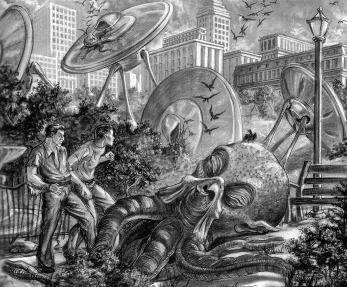 Art and test footage by Ray Harryhausen for the unproduced WAR OF THE WORLDS. 1949. 
