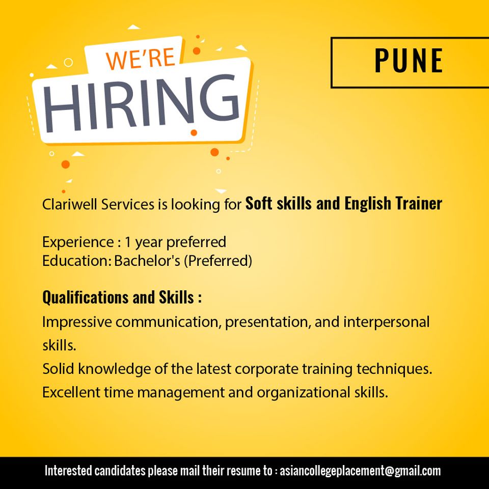 actcoursesasia's tweet photo. Clariwell Services and #AsianCollegeofTeachers will jointly conduct a #placementdrive in #Pune to #recruit #Softskills &amp; #EnglishTrainer with the qualifications and #skills mentioned in the banner. Interested #candidates are requested to mail at asiancollegeplacement@gmail.com https://t.co/Bz4UojIMeJ