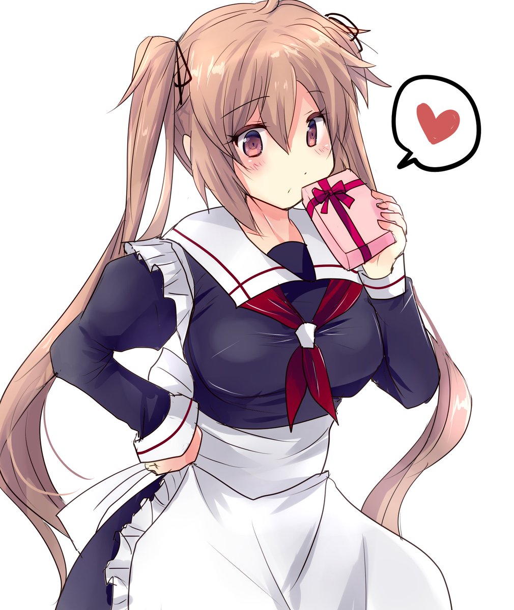 murasame (kancolle) 1girl solo twintails apron long hair gift heart  illustration images