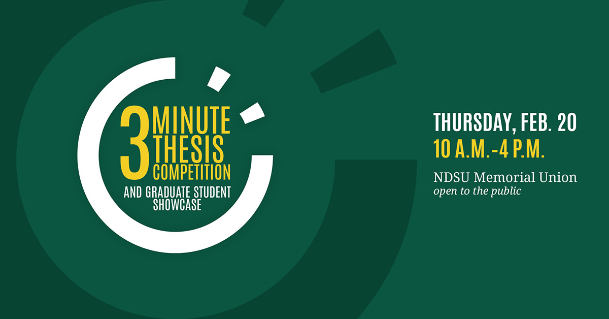 Mark your calendars! Join us for the annual Three Minute Thesis competition, scheduled for Thursday, Feb. 20. 

A typical thesis would take nine hours to present. These students get 180 seconds.

facebook.com/events/1398689…

The event is free and open to the public.