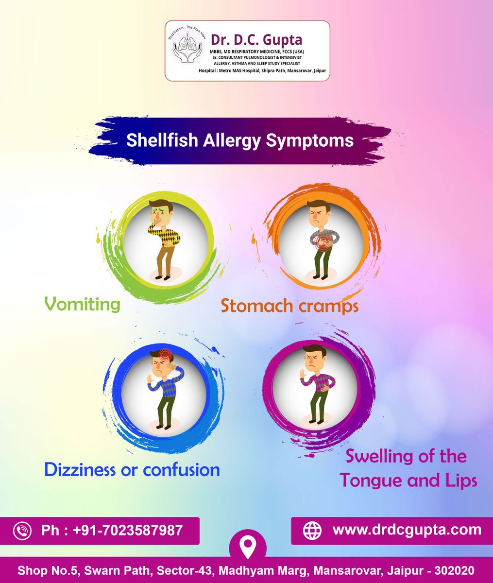 dcguptaclinic's tweet image. What are Shellfish Allergy Symptoms?
👉 Vomiting
👉 Stomach Cramps
👉 Dizziness or Confusion
👉 Swelling of the Tongue and Lips

Dr. DC Gupta (Chest &amp;amp; Allergy Specialist)
Jaipur, Rajasthan, India
Mob. : +91-7023587987
drdcgupta.com

#ShellfishAllergy #AllergySymptoms