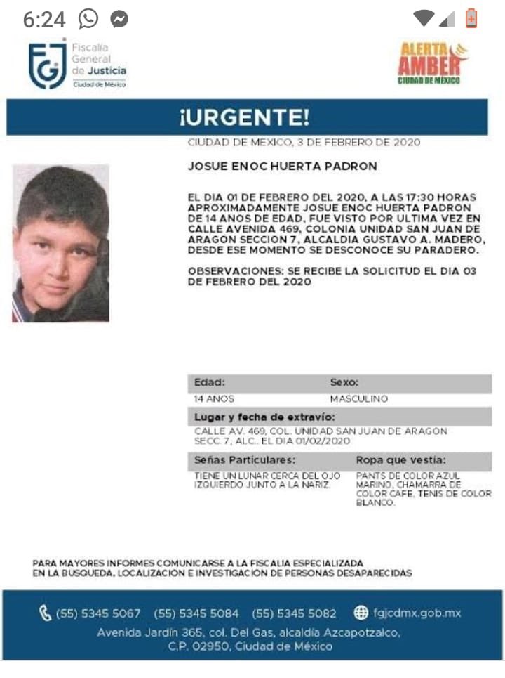 🔍Cuanto antes se actúa hay más posibilidad de encontrarlo sano y salvo.

Se llama Josué Enoc

Ayúdanos a compartir, la unión hace la fuerza. 

<a href="/derechoinfancia/">Derechos Infancia</a> @christerna @mreldiablo 
<a href="/rosiorozco/">Rosi Orozco</a> <a href="/RoyCampos/">Roy Campos</a>