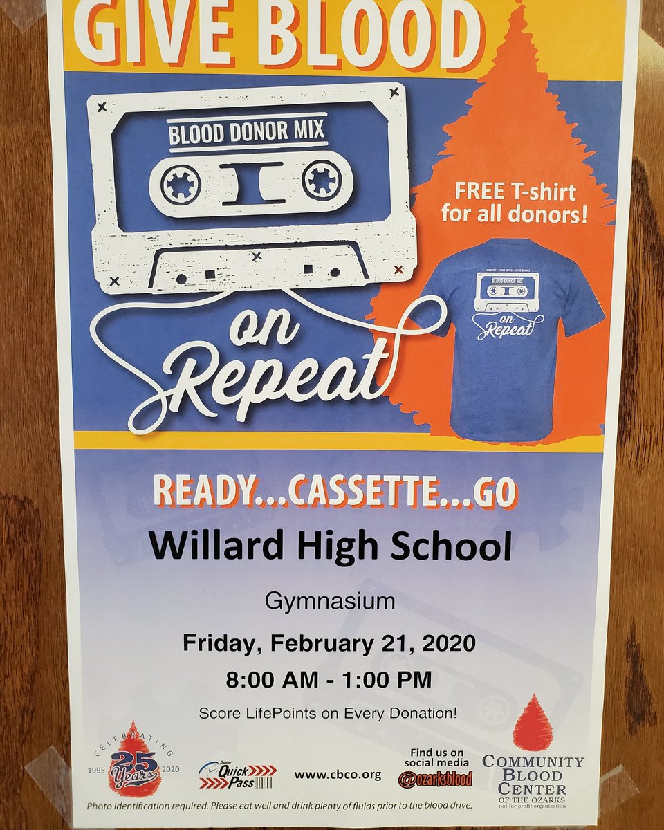 Willard High School Educators Rising and the CBCO will be holding our Spring Blood Drive on Friday, February 21st from 8:00 a.m. to 1:00 p.m. in the High School Aux Gym.
The public is invited to come in at anytime. Just check in at the high school office. <a href="/OzarksBlood/">Community Blood Center of the Ozarks</a>