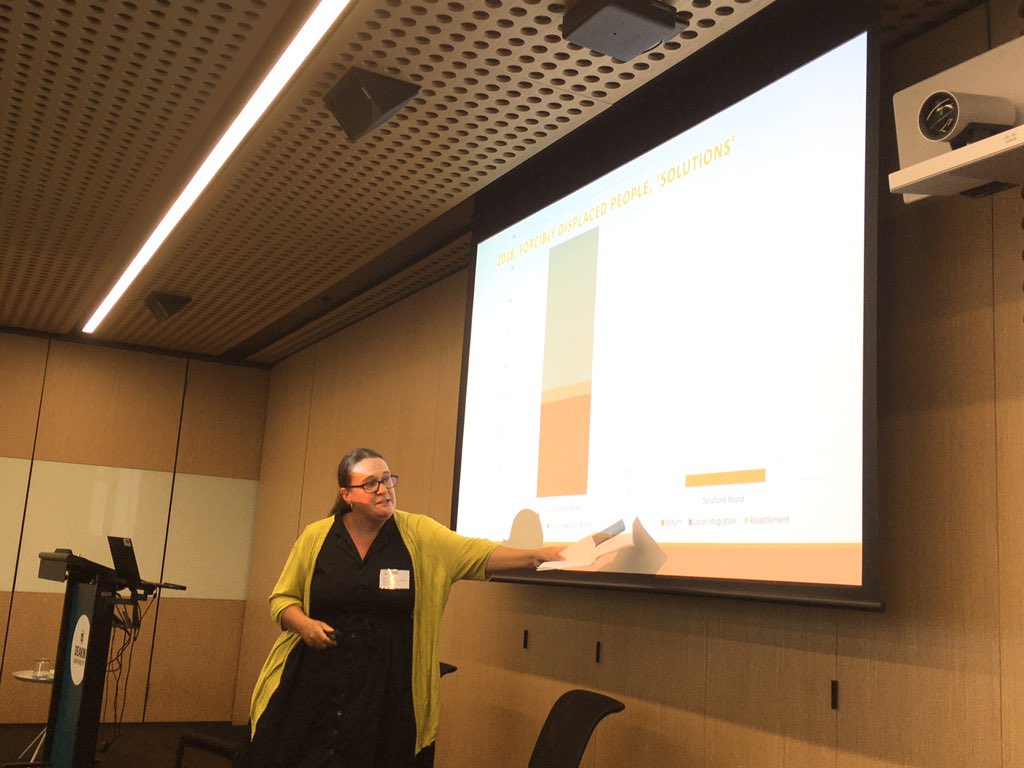 DSA_australia's tweet photo. Dr Louise Olliff examining refugee diaspora communities in Australia and what has been found in response to displacement and crises overseas.
Pictured: the number of people impacted by displacement vs solutions to displacement.
#dsaaconf #devstudies https://t.co/jI78AWZdug
