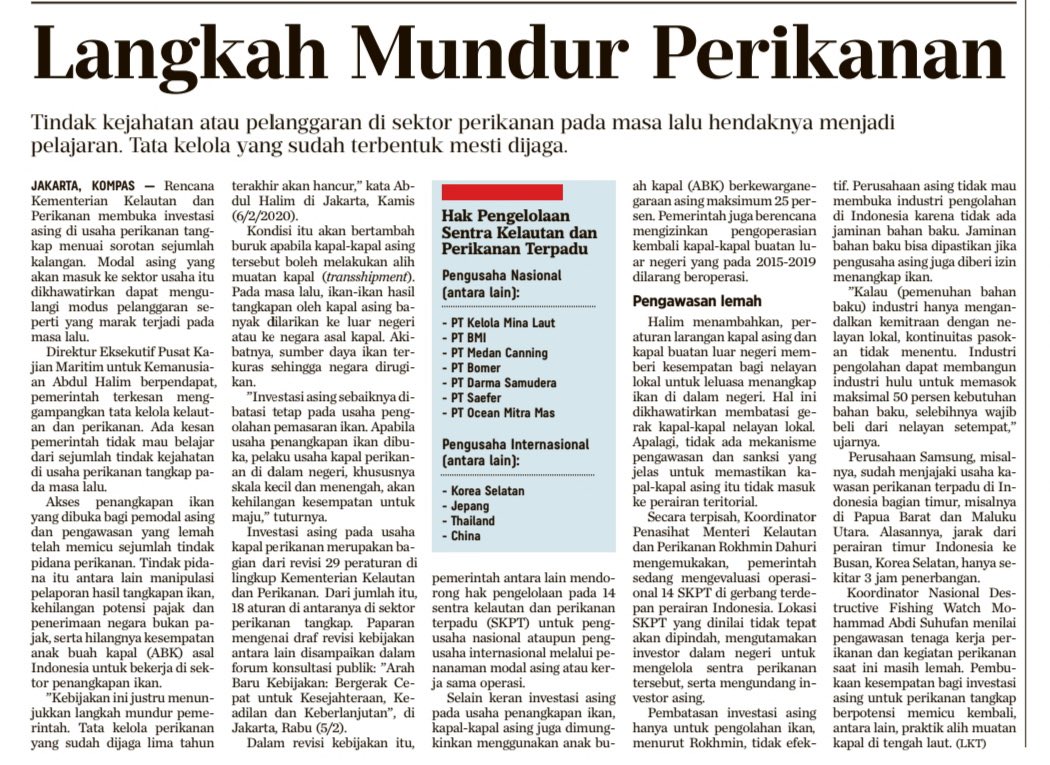 Keberpihakan kepada mayoritas masyarakat Perikanan dan Keberlanjutan Sumber Dayanya; semestinya tidak boleh dikompromikan atas dasar kepentingan bisnis puluhan  perusahaan. 👆👆👆👆