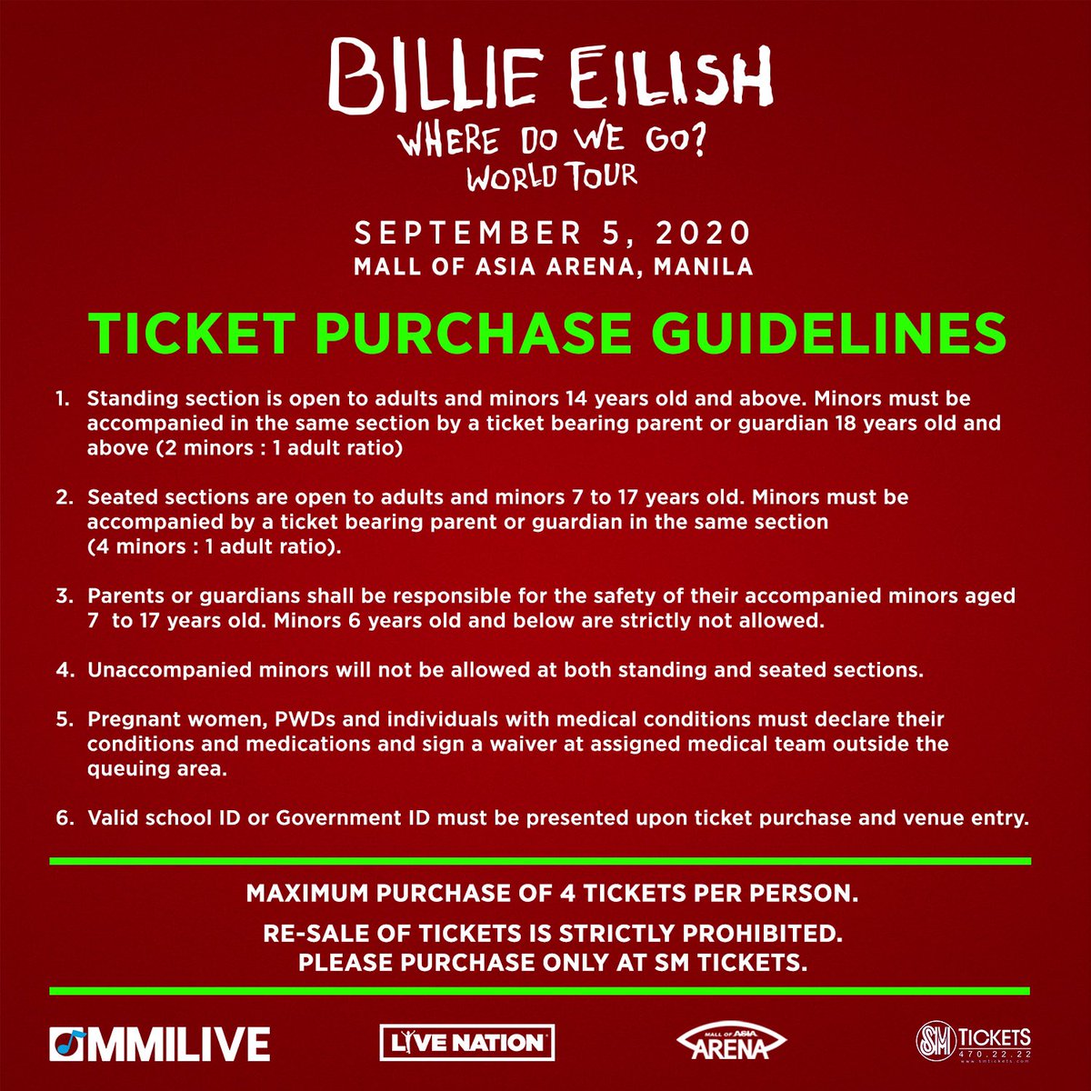 RPsAngels's tweet photo. Tickets for #BillieEilishMNL will be out tomorrow, Feb 8 at 12nn via https://t.co/4KfyPLSIOG + outlets ✨

Check out the prices, seat plan, &amp; ticket purchase guidelines below 👇🏻👇🏻👇🏻

Brought to you by ms. @itsarpee @mmilive @LiveNation 💙

#billieeilishasia #MMILIVE2020 https://t.co/PXqQqrLaRc