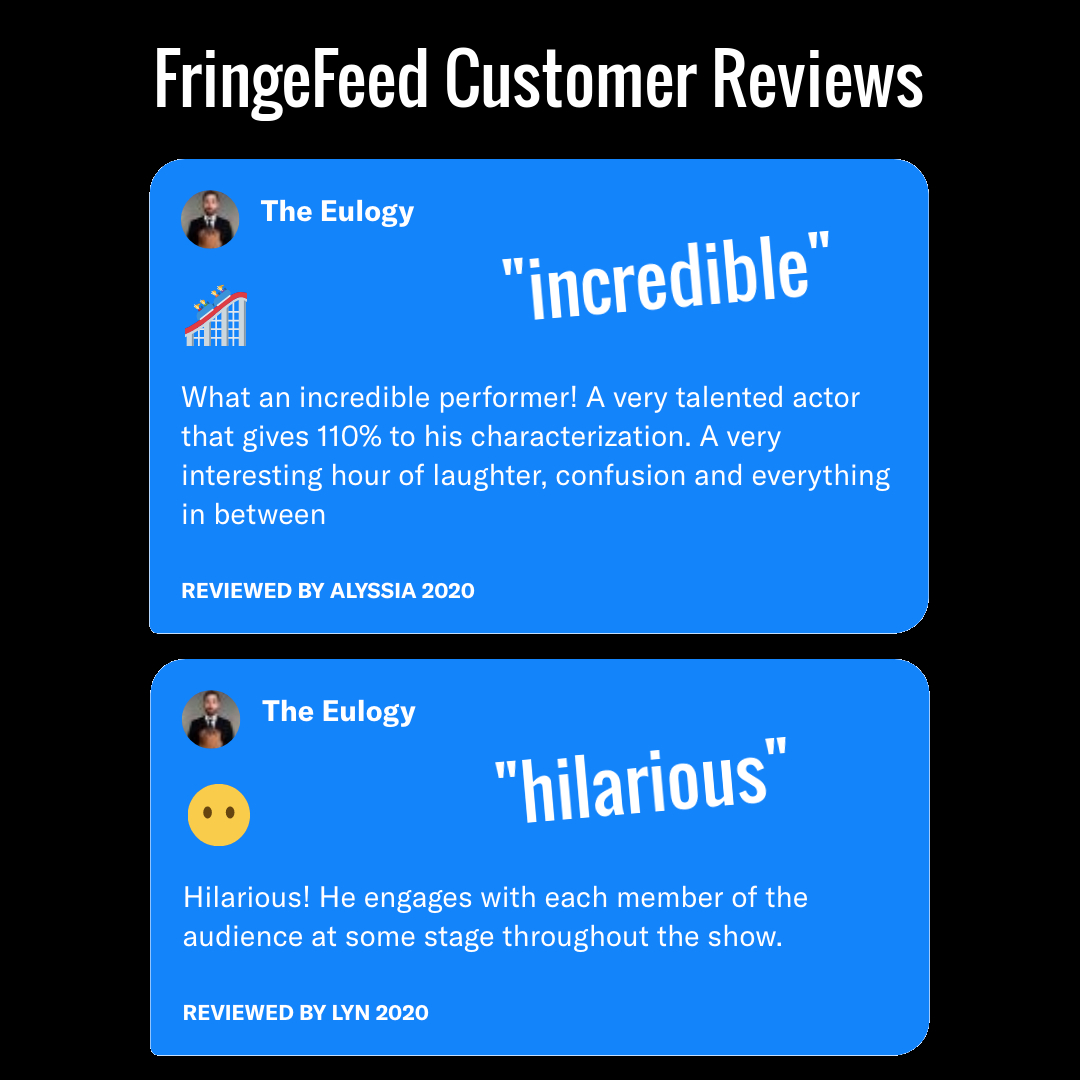 FringeFeed Reviews are starting to roll in!

Thank you, Perth! Don’t miss this special remount of The Eulogy — and celebrate the show’s 200th performance with me on Wednesday 12 February!

#Perth #FRINGEWORLD #Theatre #Play #Live #Friday #Weekend @gluttony_fringe #AdelaideFringe