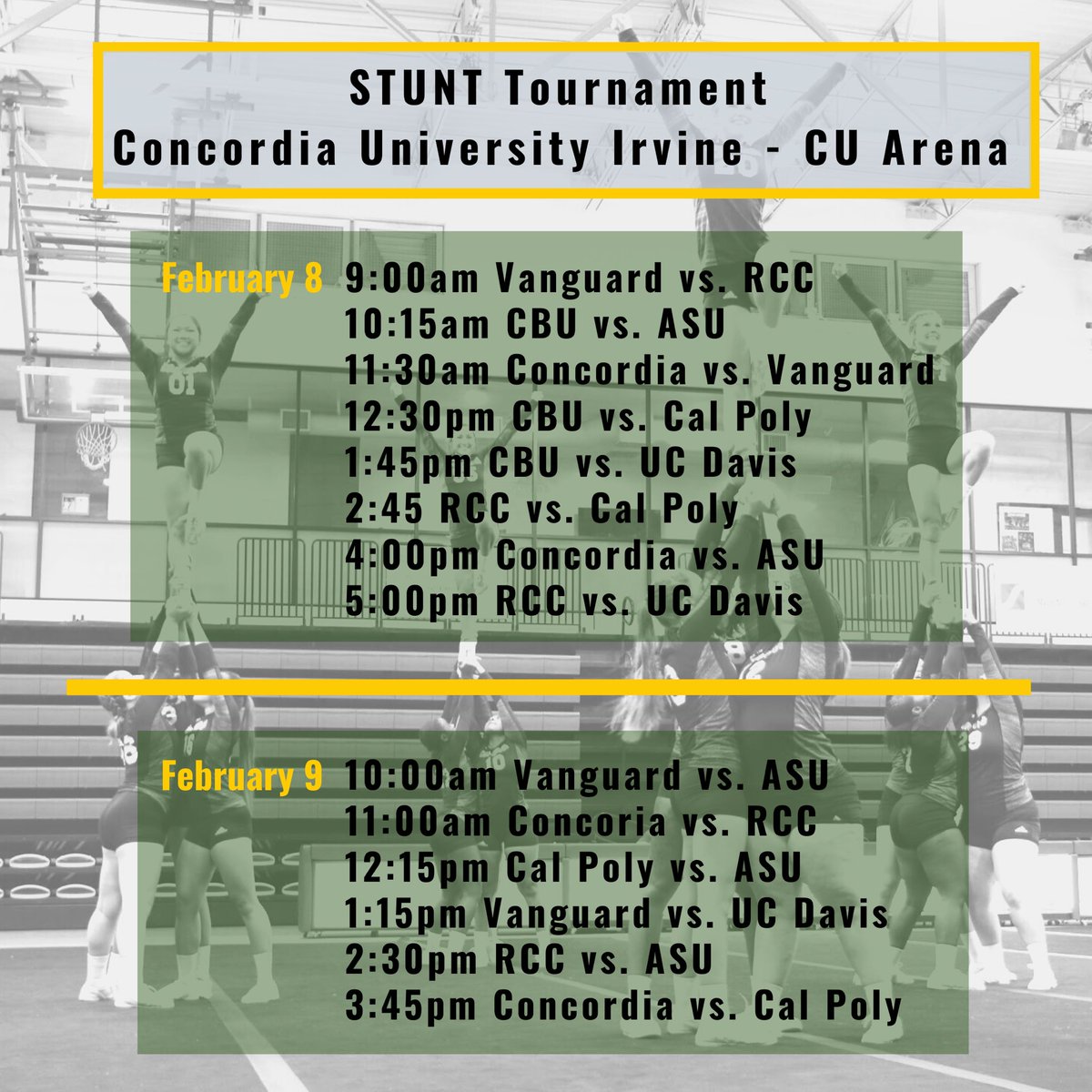 We can’t wait to host our STUNT Tournament this weekend! Here is a complete schedule for both days! CU there! 💛🖤🦅 #cuistunt #igotyourback #family <a href="/STUNTtheSport/">STUNT</a> @cuieagles