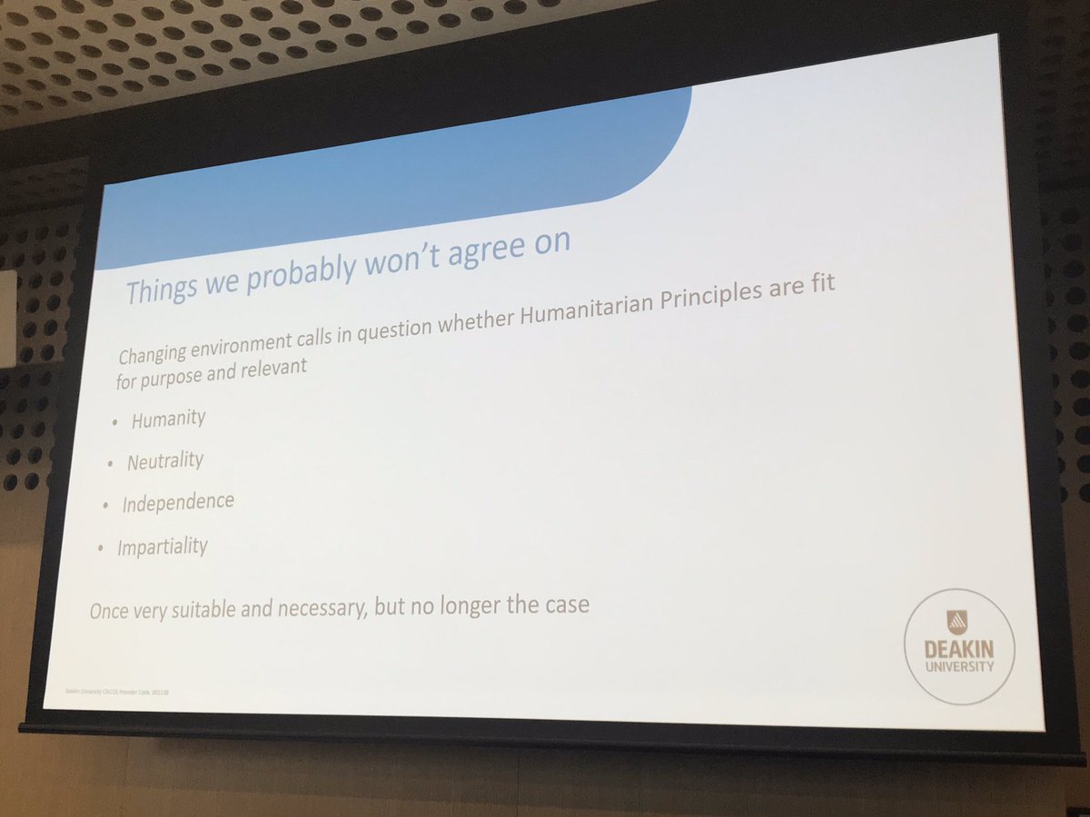 LianCeallaigh's tweet photo. Prof Matthew Clarke: are the #humanitarian #principles still relevant? Probably not... @DSA_australia #dsaaconf #devstudies https://t.co/cshrrX5a13