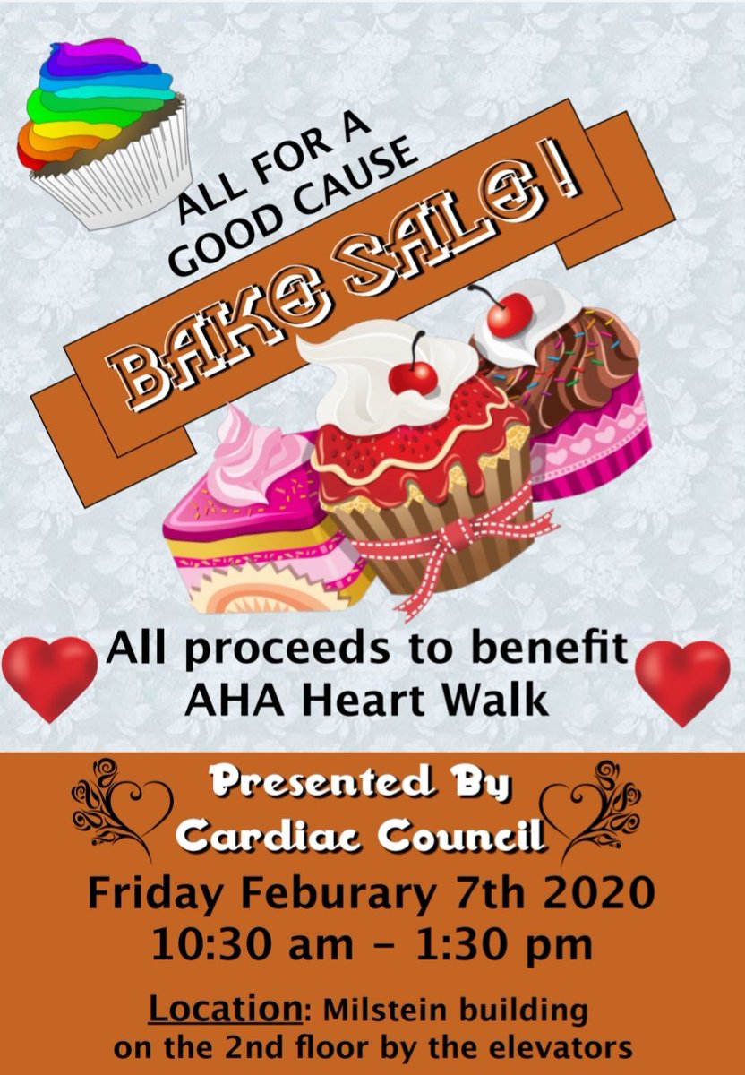 Come support our bake sale tomorrow! All proceeds to go to American Heart Association Heart Walk 2020! We will see you tomorrow at 10:30 on 2nd floor Milstein! @HeadRNColumbia <a href="/QueenofHeartNYP/">Catherine Halliday</a> @QualityRN_NYP <a href="/RnKhrys/">Khrys C.</a> <a href="/SerranoHeart/">gilbert serrano</a>