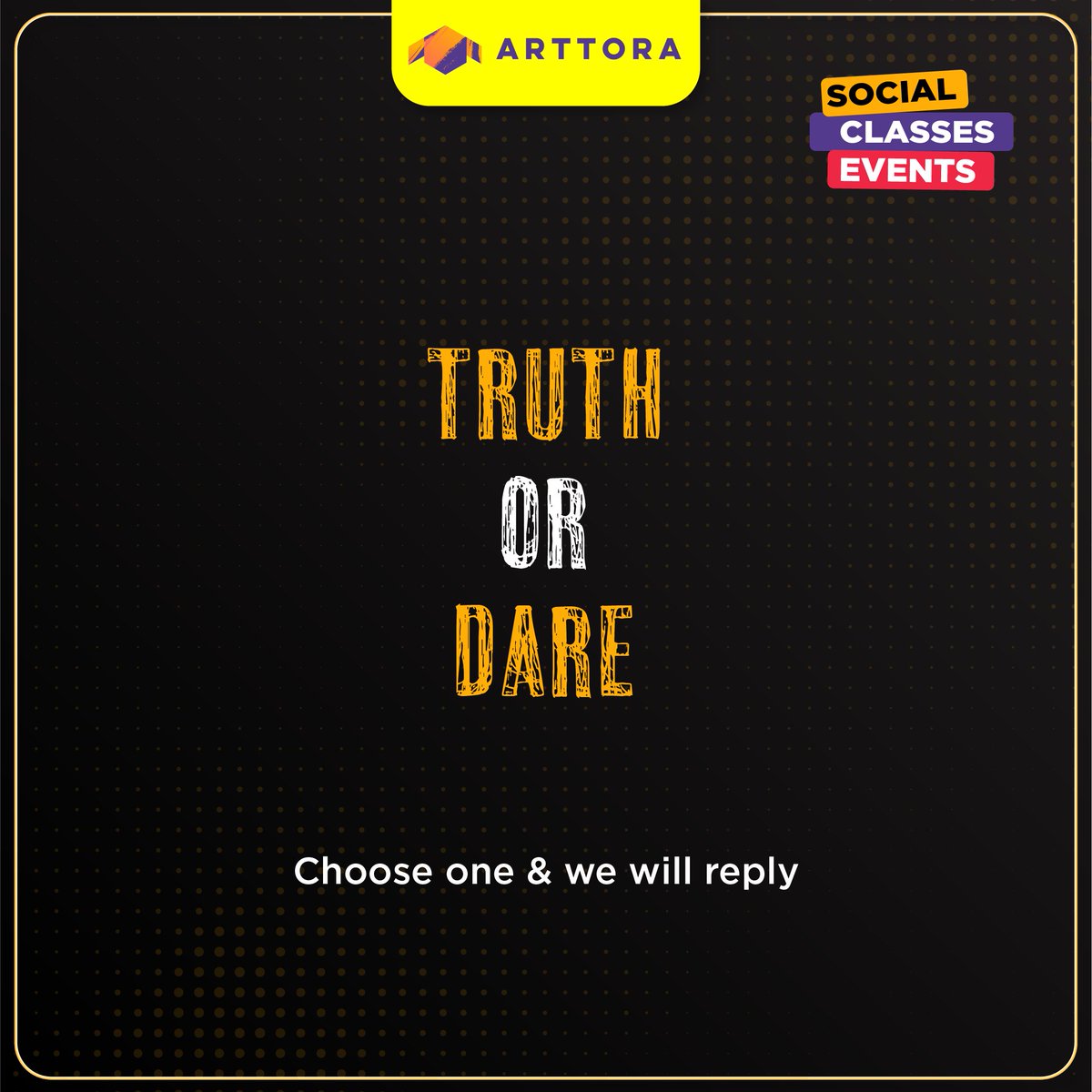 Arttora_Global's tweet photo. Let the game begin! Comment truth or Dare.

#JoinArttora #artplatform #artists #truthordare #gamesfriday https://t.co/lnoPnGubF4