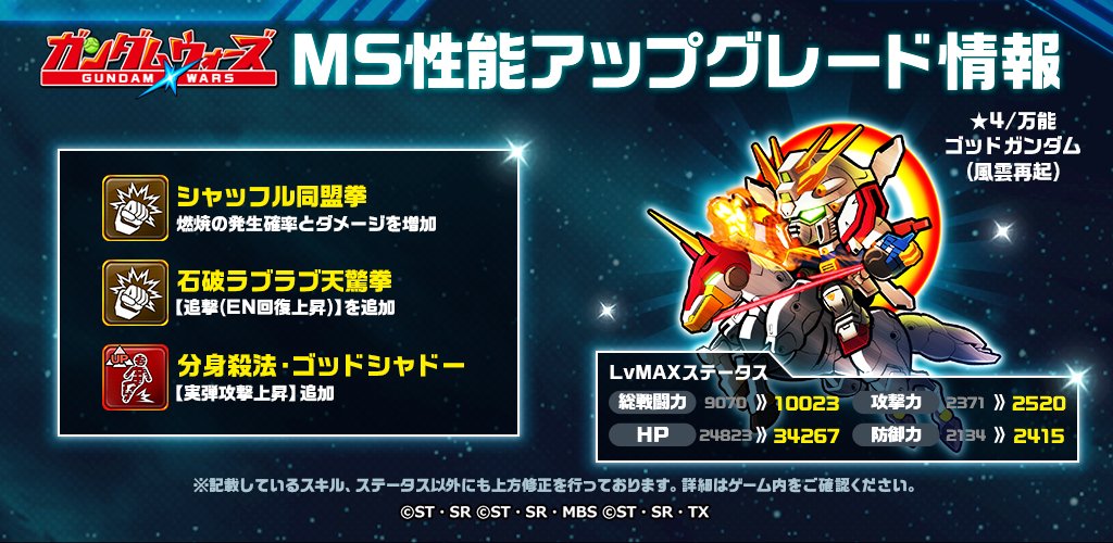 Line ガンダム ウォーズ 機体情報 4 攻撃型 ゴッドガンダム 風雲再起 と 4 万能 マスターガンダム 風雲再起 のスキル ステータスを上方修正 期間限定でイベントガシャに再登場中 T Co Befyjsyu2e ガンダムウォーズ
