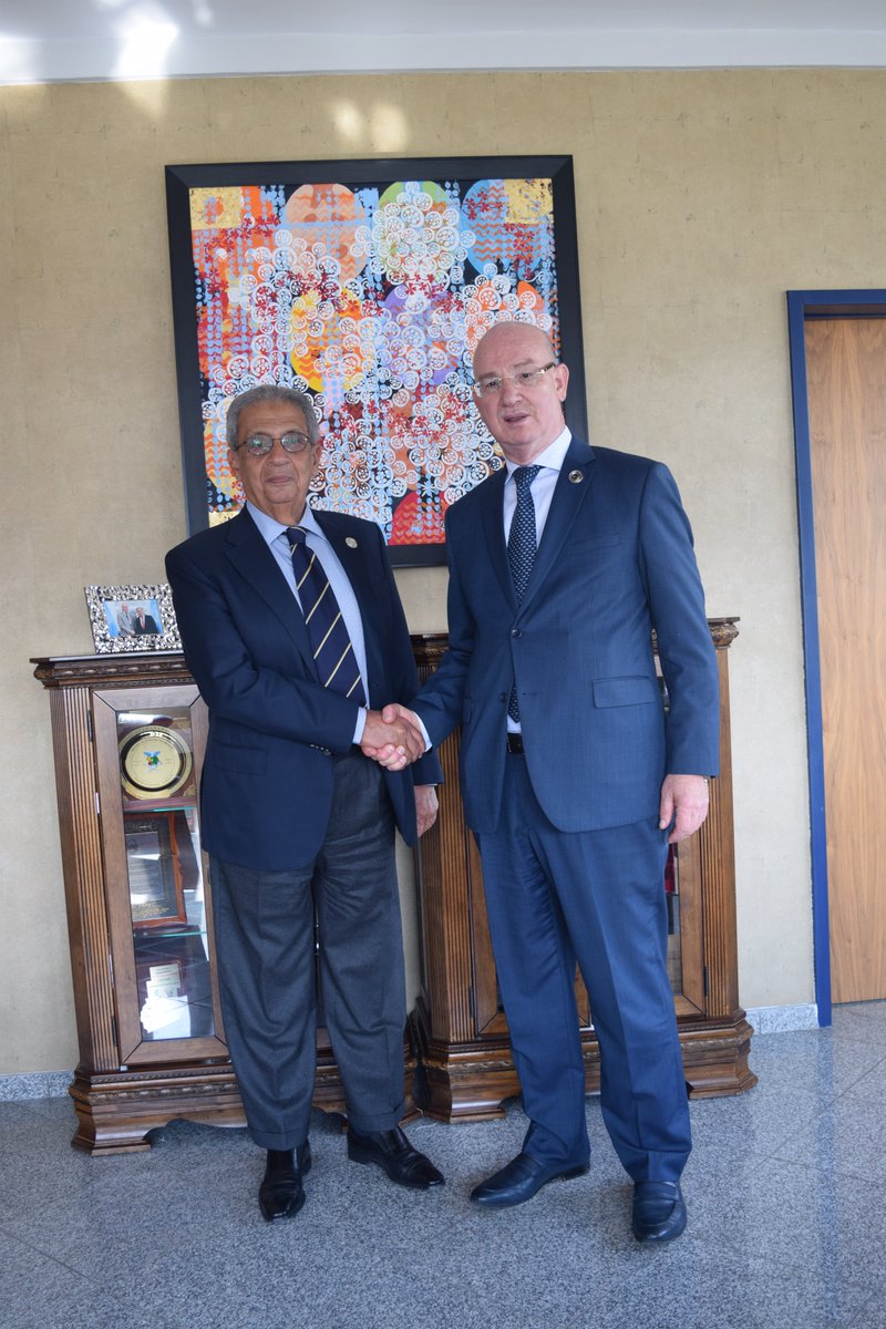 AU_Chergui's tweet photo. Delighted to receive H.E. Amr Moussa, AU #PaneloftheWise Chair. We exchanged views on security priorities in Africa. The Panel is championing the AU demand to remove unfair & catastrophic international sanctions against some Member States thus safeguarding stability & development https://t.co/iAdG2KWmjr