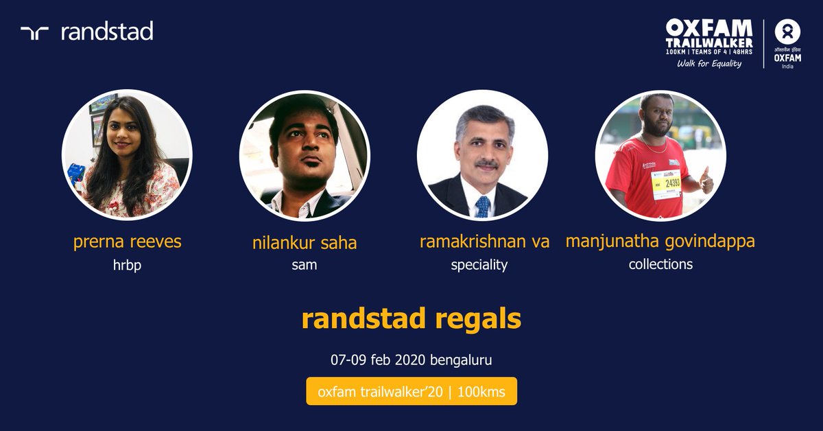 RandstadIndia's tweet photo. Introducing team 'Randstad Regals', two of the three teams representing Randstad India at Oxfam Trailwalkers' 100km Bengaluru walkathon. Thank you for supporting this noble cause and wishing you good luck.
#RandstadWithHeart #HumanForward #OxfamTrailwalker2020 #Best48Hours https://t.co/dp8PvPaC2i
