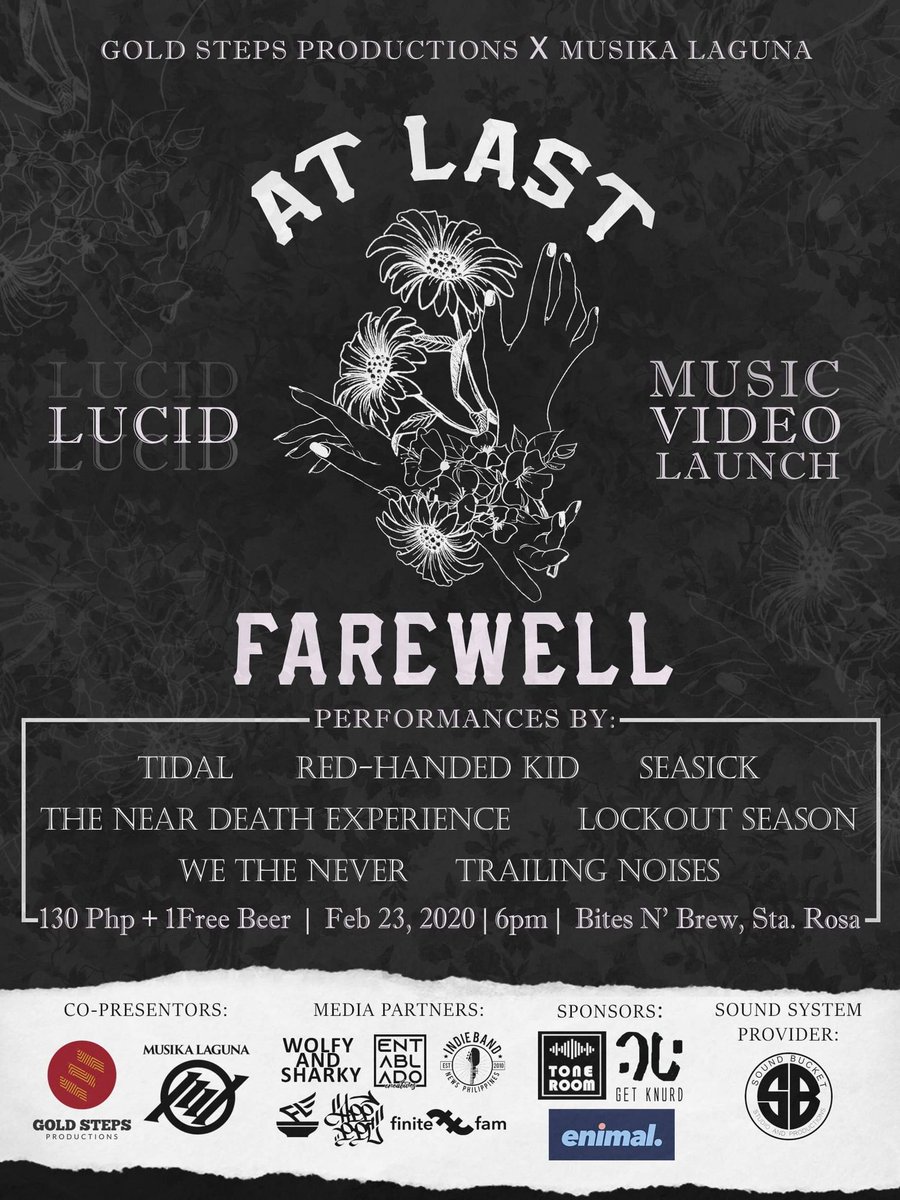finitefam's tweet photo. At Last Farewell - Lucid (Music Video Launch)
February 23 | Sunday | Bites N Brews, Sta. Rosa 

with guest performances by Tidal | Red-Handed Kid | @SeasickPH_ | The Near Death Experience | Lockout Season | We The Never | Trailing Noises

Door charge: 130 PHP w/ free beer https://t.co/QqQeNNNJZA