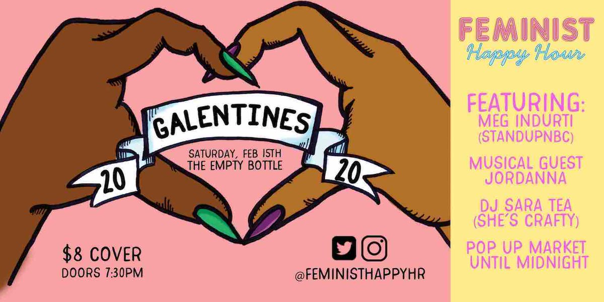 <a href="/feministhappyhr/">#FeministHappyHour</a> 2/15/2020 <a href="/theemptybottle/">The Empty Bottle</a> FEATURING #comedy of <a href="/megindurti/">Meg Indurti</a> / #music @jordannachicago / #DJ <a href="/saratea/">SARA TEA</a> MORE COMEDY W/ <a href="/stepmomforhire/">Elise Fernandez</a> @BriannaWellen Amy Young PLUS #feminist #popupshop