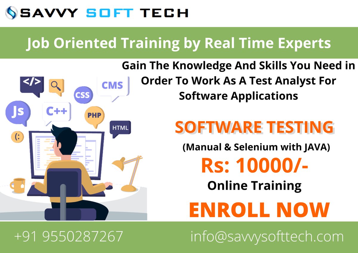 soft_savvy's tweet image. #SavvySoftTech starting New Online Batch of Software Testing Manual &amp;amp; Selenium with JAVA , Learn from the industry best Trainers for more details reach us at +91 9550287267.
For Registration: forms.gle/x9gAtr3TtN9i4E…

#softwaretesting #testing #testingtraining #seleniumtraining