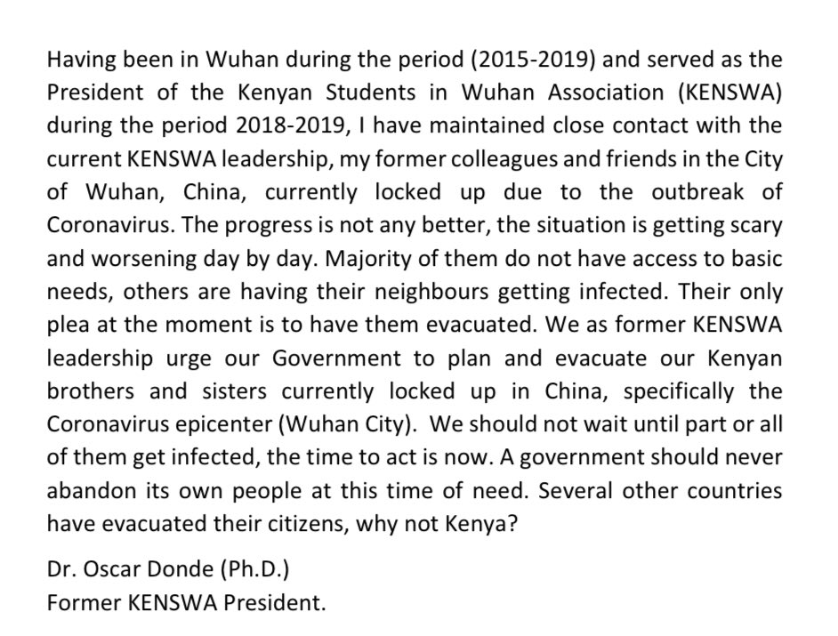 oscardonde's tweet photo. Please lets come to the rescue of our brothers and sisters in Wuhan, China. @WilliamsRuto @ForeignOfficeKE @MOH_Kenya @HonAdenDuale @SakajaJohnson @MbadiHon @kipmurkomen @orengo_james @godfreyotieno06 @citizentvkenya @ntvkenya @K24Tv @bonifacemwangi @RobertAlai @StateHouseKenya https://t.co/OLL5789b5U