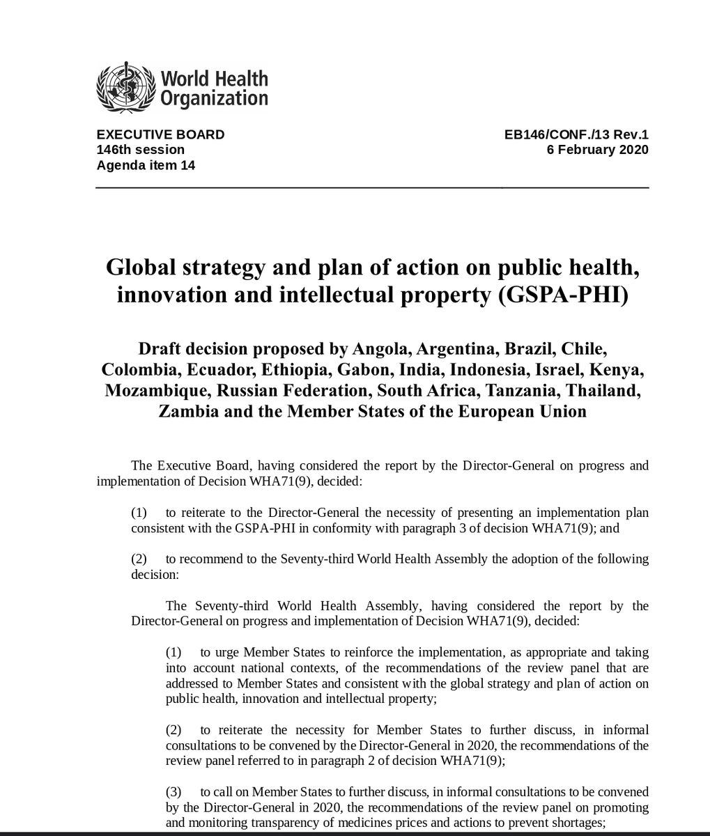 ThiruGeneva's tweet photo. .@WHO #EB146 Decision on the global strategy and plan of action on public health, innovation and IP adopted by the Executive Board on 6 February 2020. Great work by @BrazilUNGeneva @ItamaratyGovBr in shepherding this through. Co-sponsored by the 27 Members of the European Union. https://t.co/CxC5r6ueC7