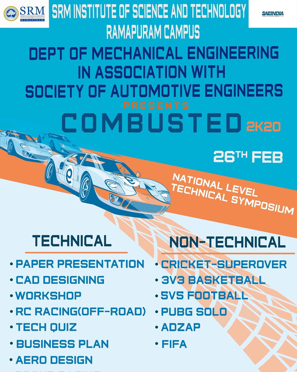 srmistramapuram's tweet image. It&apos;s time to #revitup as the 10th edition of Combusted drops on 26th of Feb.Combusted is a national level symposium from the Department of Mechanical Engineering SRMIST Ramapuram.
For further information : @combusted_2020 
#srmuniversity #srmrmp #combusted2020 #nationallevel