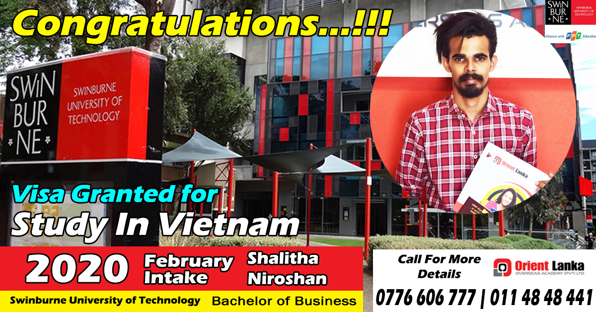 OrientLankaLK's tweet photo. Get an Australian Qualification for low cost 🎓✈
Swinburne University of Technology - Vietnam 🇻🇳
----
Vietnam Student Visa Granted 
Course - Bachelor of Business
February Intake 
----
📞 0776 606 777

#Orientlanka #srilanka #lka #studentvisa #VietnamStudentvisa #Vietnam https://t.co/LTZBLcbKPH