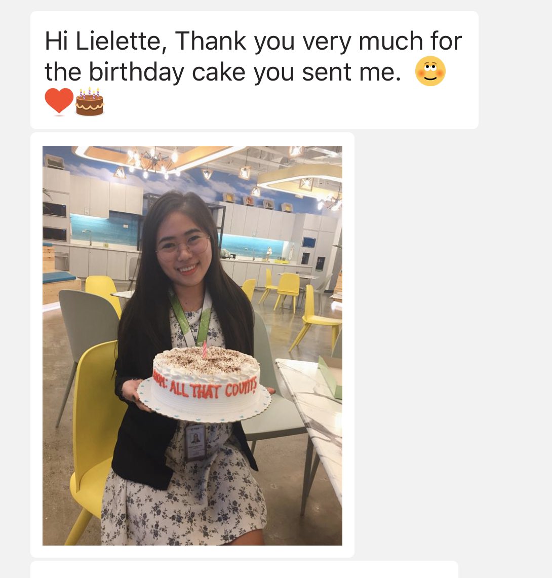LieletteCalleja's tweet photo. This is why I use @TOAGlobal - apart from my great team, they ensure I never miss a staff birthday! Itโs a reminder that #allthatcounts are the little things that bring a smile like this. Happy birthday Farrah ๐ฅณ #offshoring https://t.co/jgoB3lGF6p
